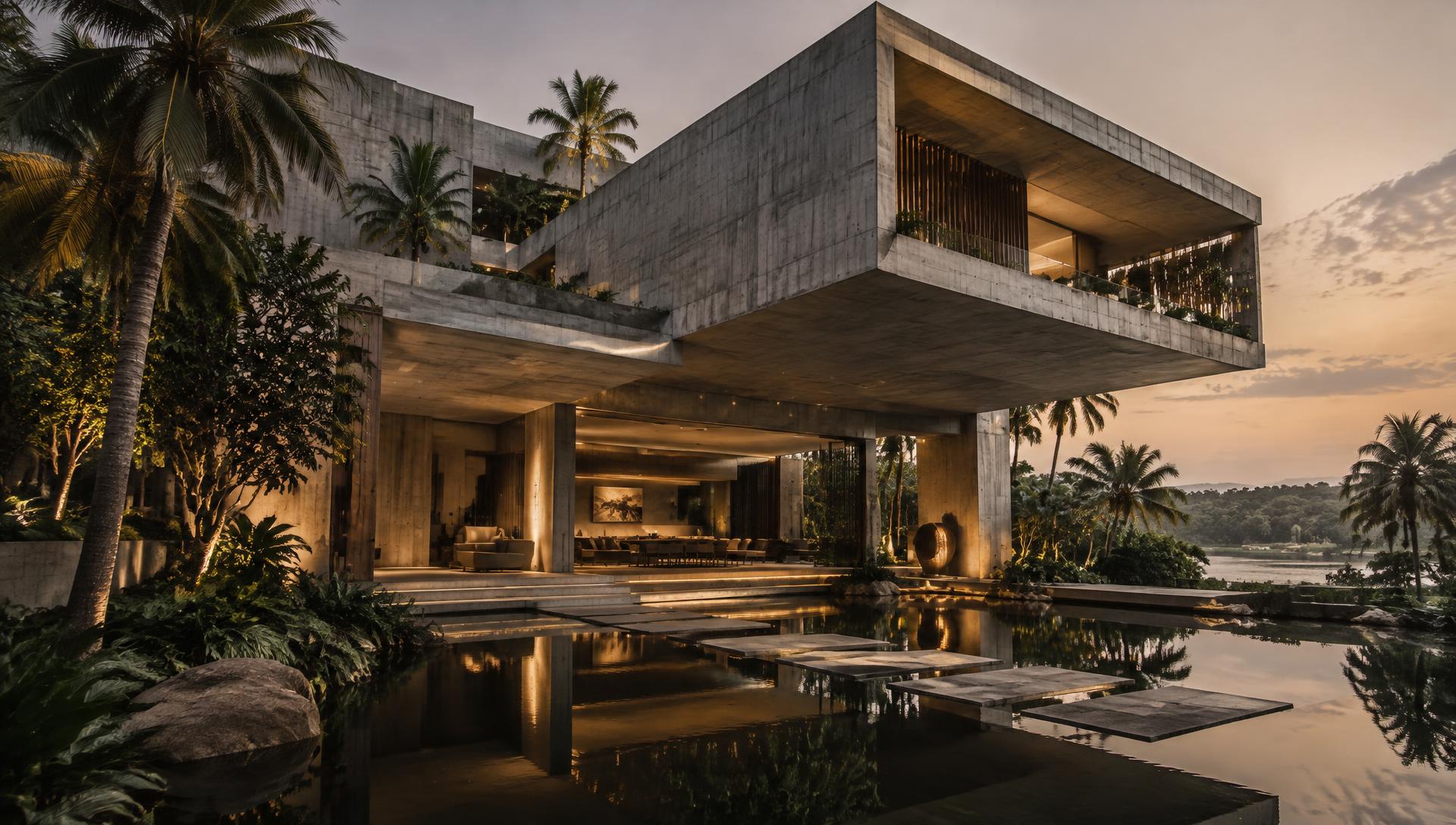 Concept visual of a tropical brutalist concrete residence over a reflecting pool at dusk